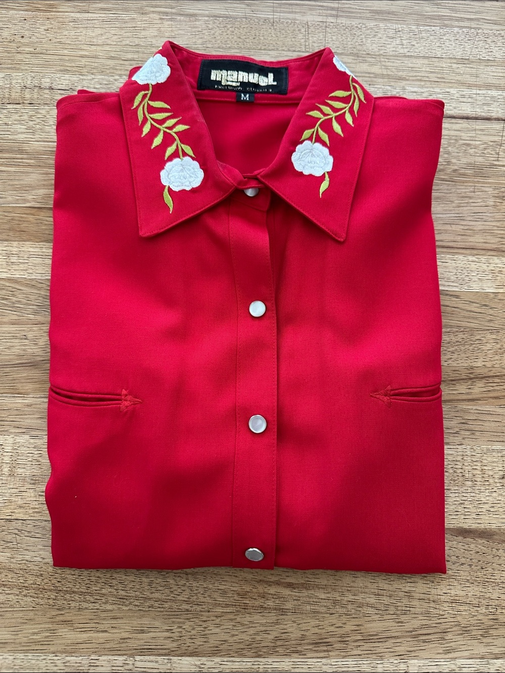 Manuel Exclusive Clothier LS Snap Front Shirt, Red w/ Floral Embroidery, M